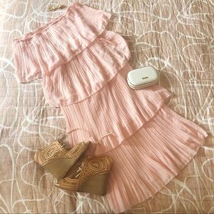 Off the Shoulder Tiered Pleated Dress